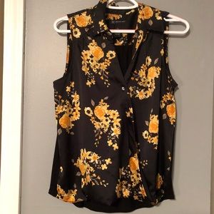 Black and yellow silky sleeveless wrap shirt